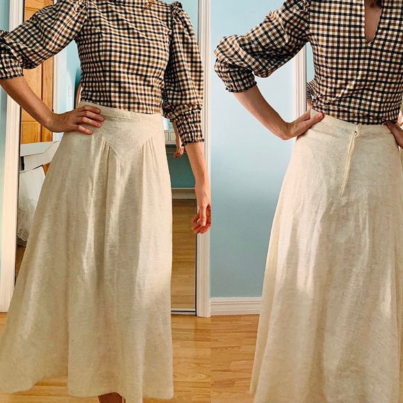 SOLD Vintage Western Swing Dancing Cream Prairie Flax Linen Midi Skirt* - Picture 3 of 4